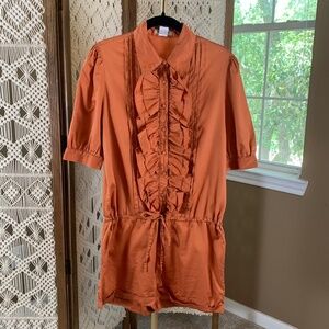Moon Collection burnt orange romper drawstring waist ruffles short sleeves Small